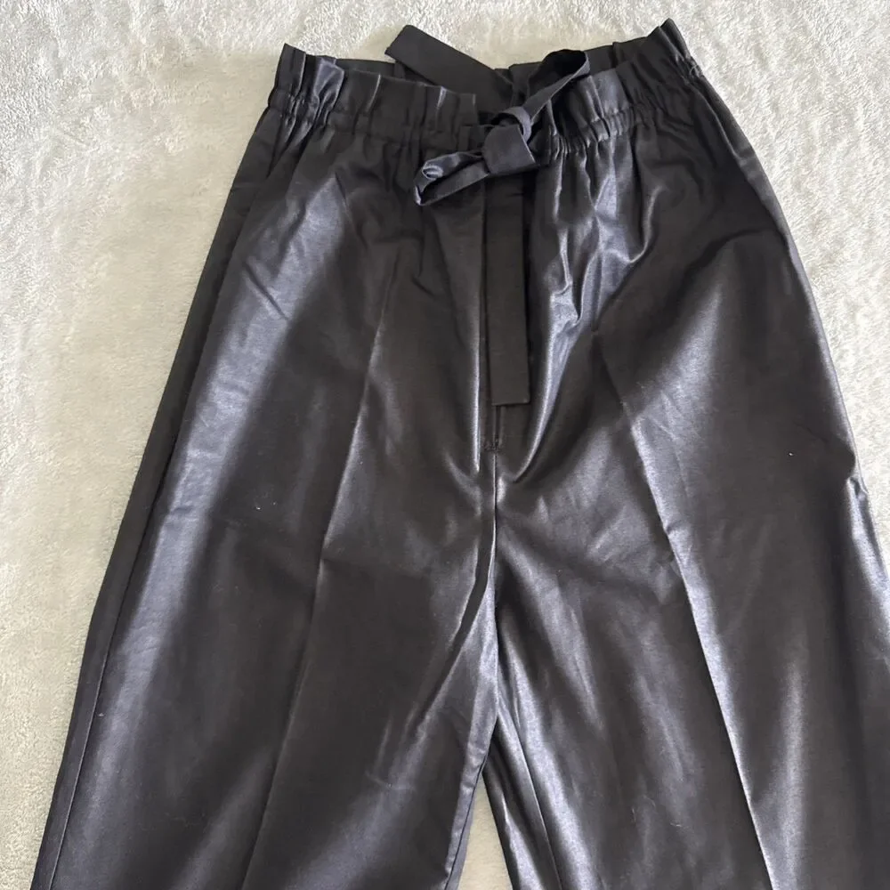 Vintage Women’s Black Formal Pants Wide-Leg Solid Tie Elastic Waist Preppy - Picture 6 of 16